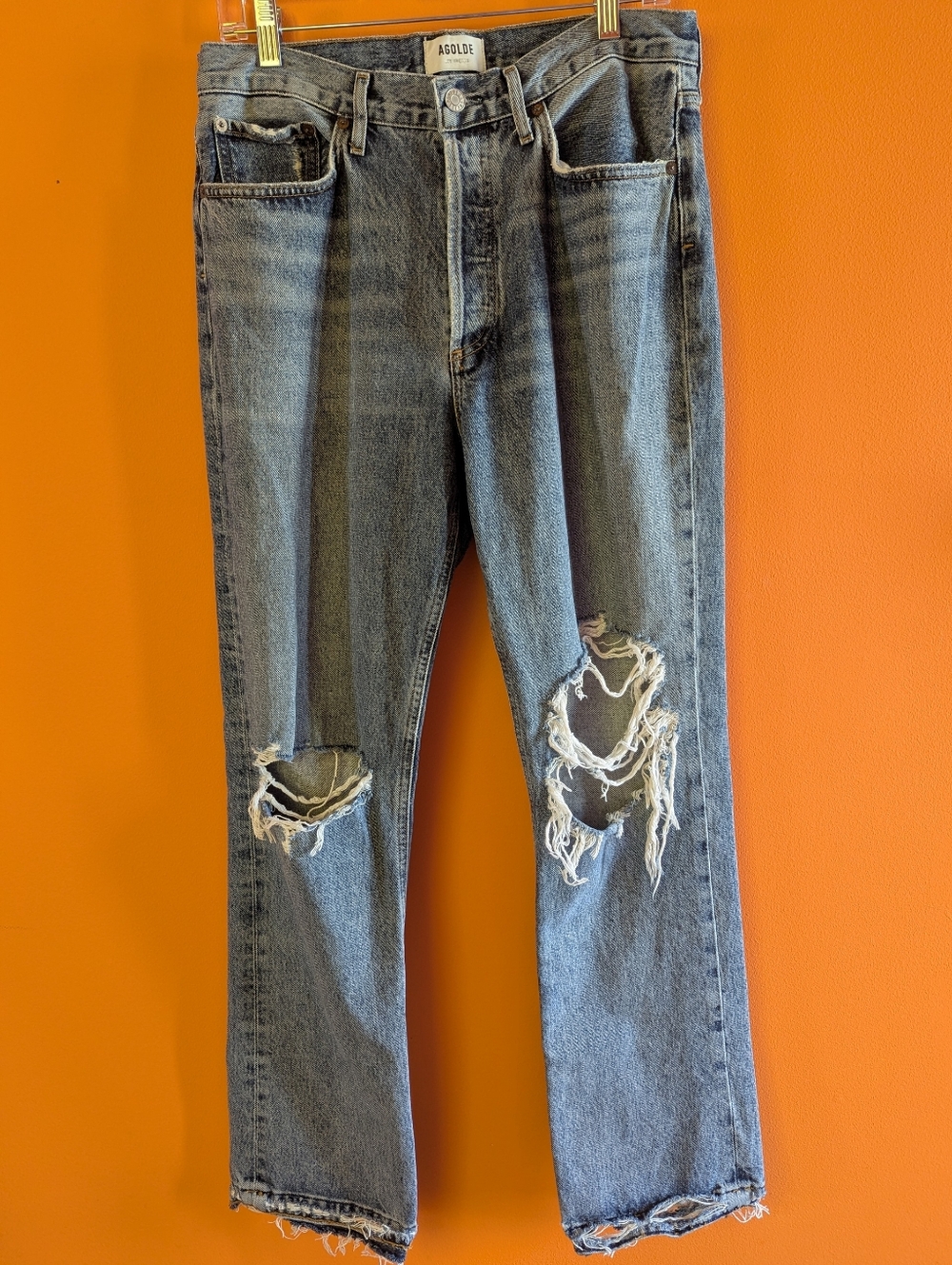 Agolde ripped straight-leg jeans in faded blue